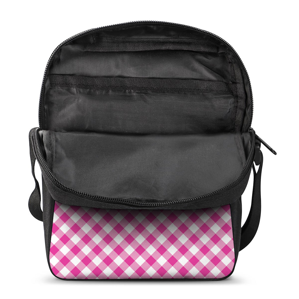 Magenta Pink And White Gingham Print Rectangular Crossbody Bag