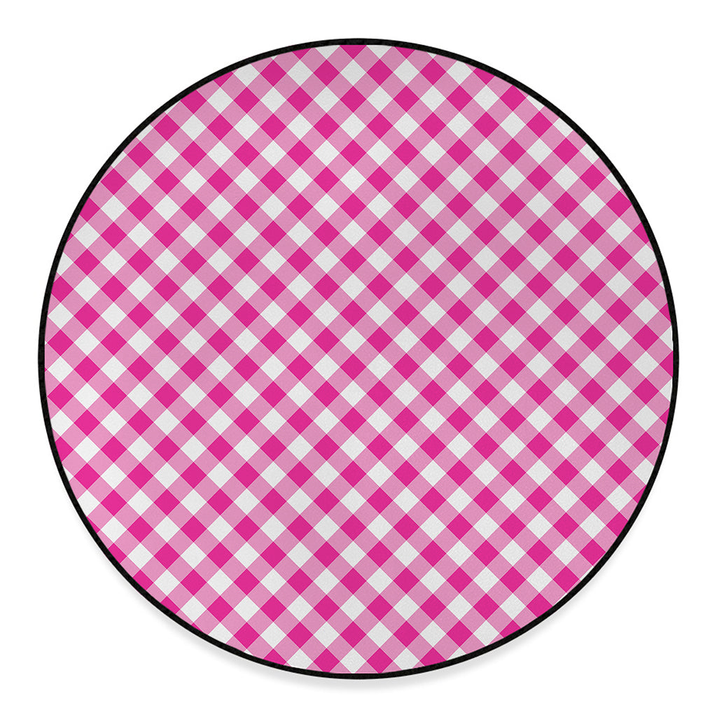 Magenta Pink And White Gingham Print Round Floor Mat