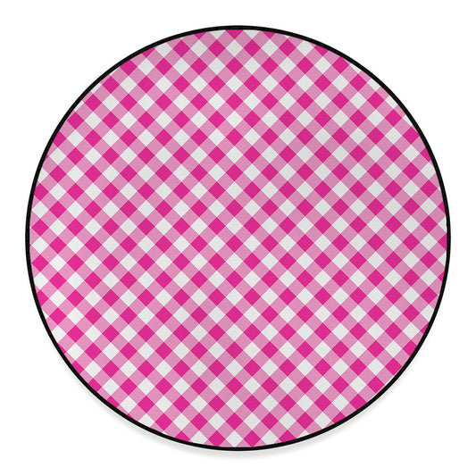 Magenta Pink And White Gingham Print Round Floor Mat