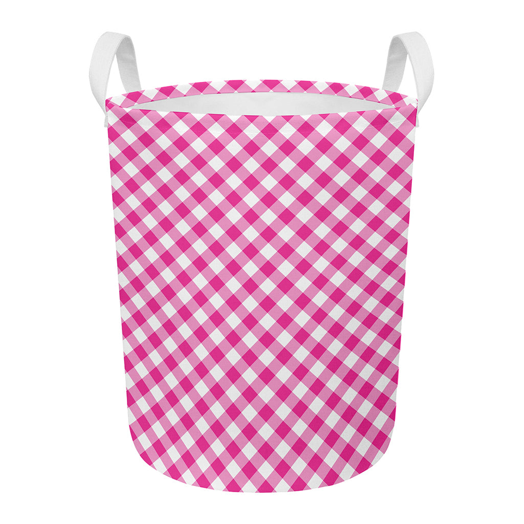 Magenta Pink And White Gingham Print Round Laundry Basket