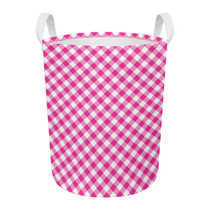 Magenta Pink And White Gingham Print Round Laundry Basket