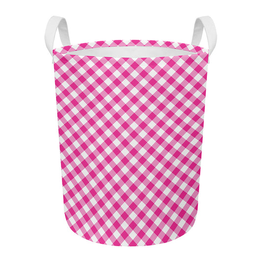 Magenta Pink And White Gingham Print Round Laundry Basket