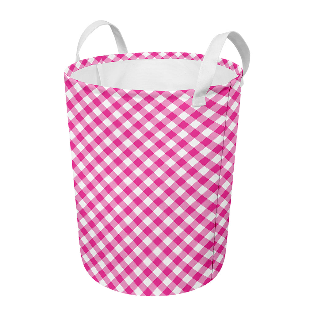 Magenta Pink And White Gingham Print Round Laundry Basket