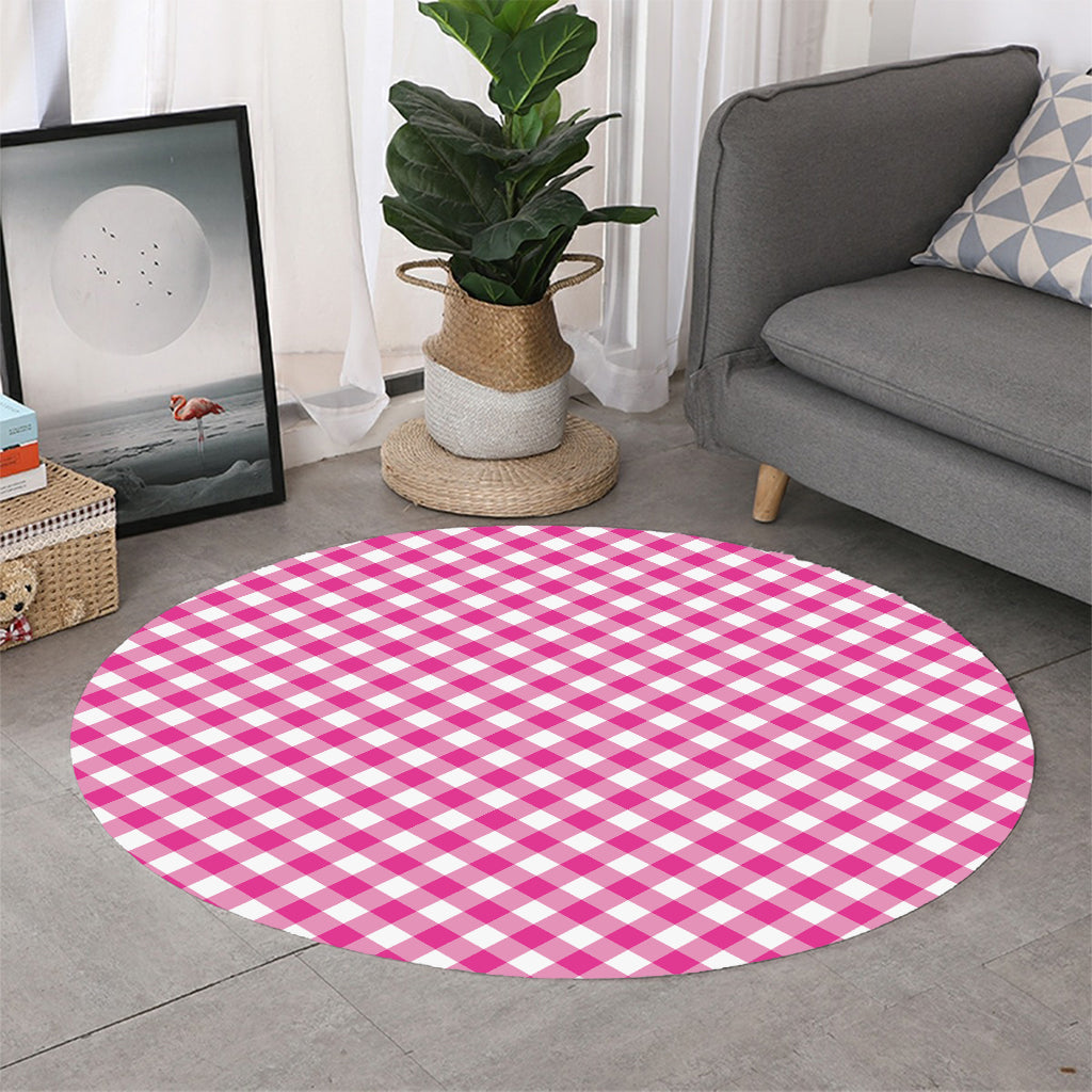 Magenta Pink And White Gingham Print Round Rug
