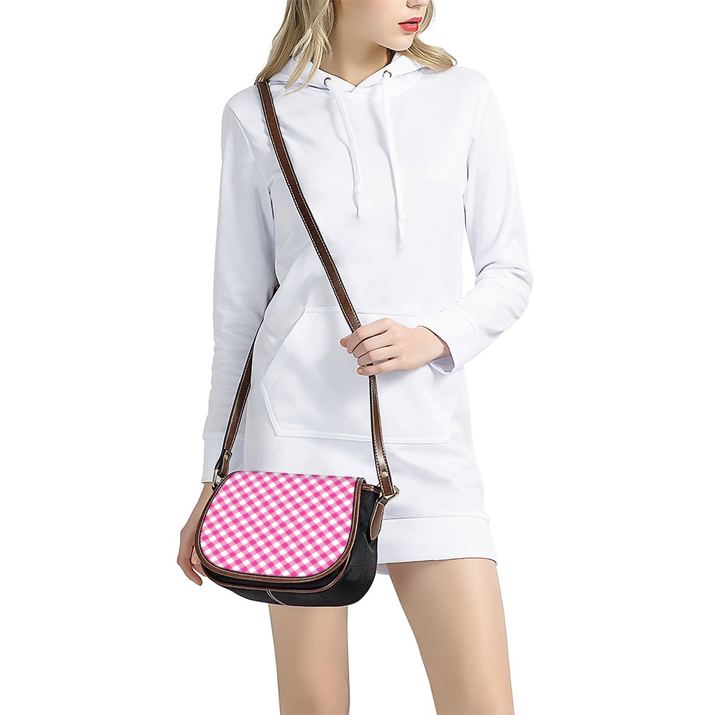 Magenta Pink And White Gingham Print Saddle Bag
