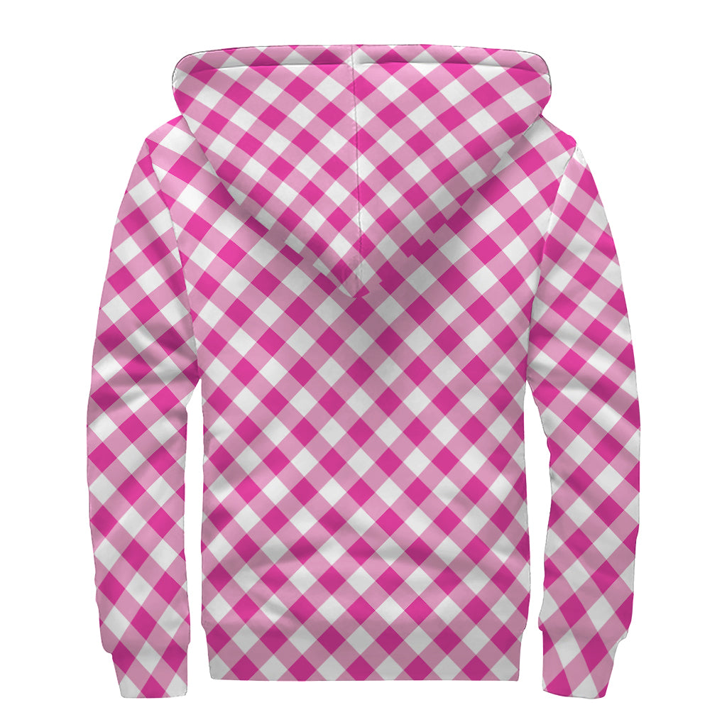 Magenta Pink And White Gingham Print Sherpa Lined Zip Up Hoodie