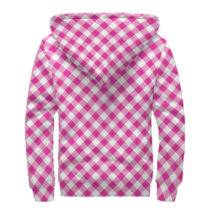 Magenta Pink And White Gingham Print Sherpa Lined Zip Up Hoodie