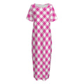 Magenta Pink And White Gingham Print Short Sleeve Long Nightdress