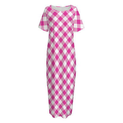 Magenta Pink And White Gingham Print Short Sleeve Long Nightdress