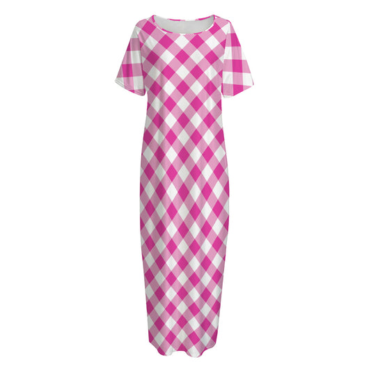 Magenta Pink And White Gingham Print Short Sleeve Long Nightdress