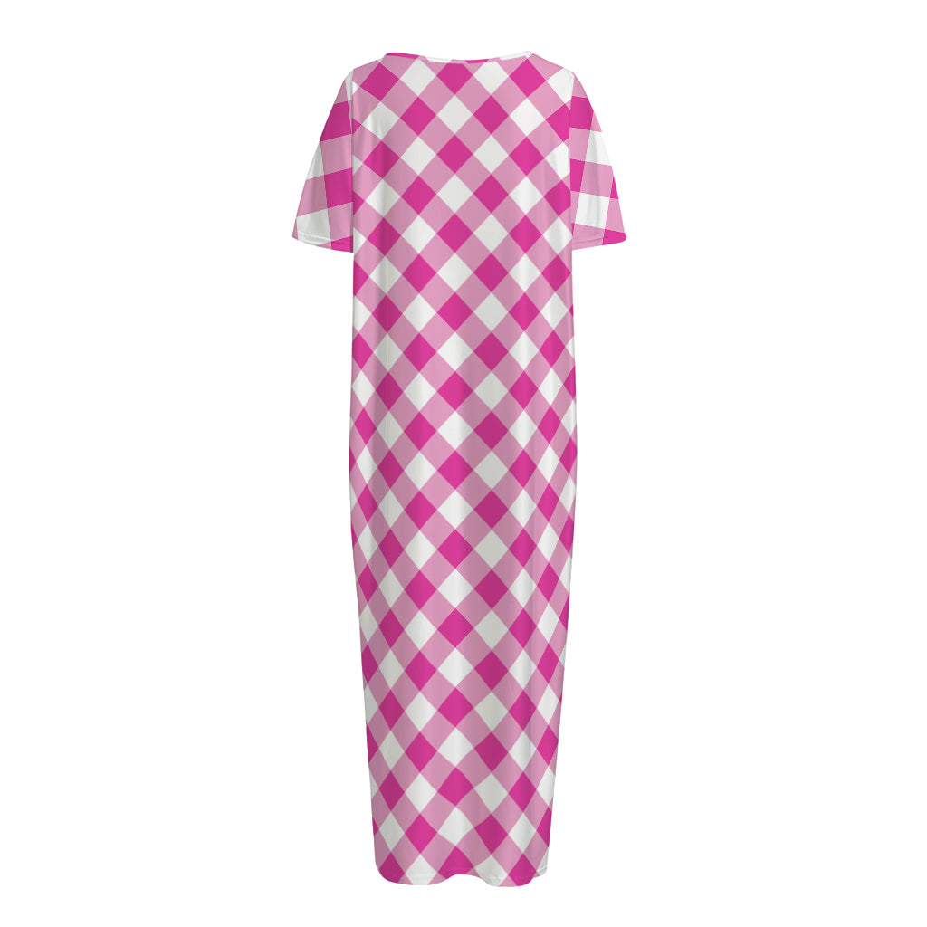 Magenta Pink And White Gingham Print Short Sleeve Long Nightdress