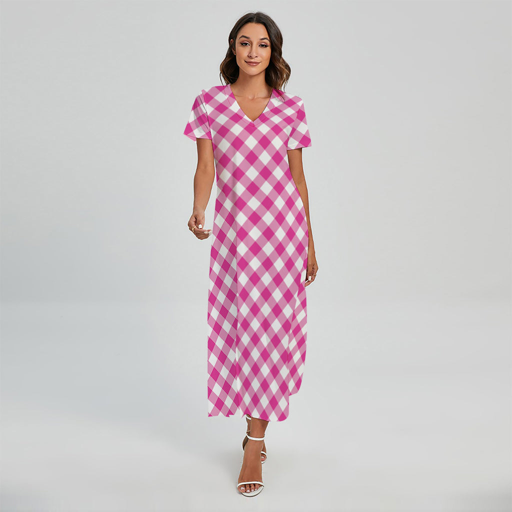 Magenta Pink And White Gingham Print Short Sleeve Maxi Dress