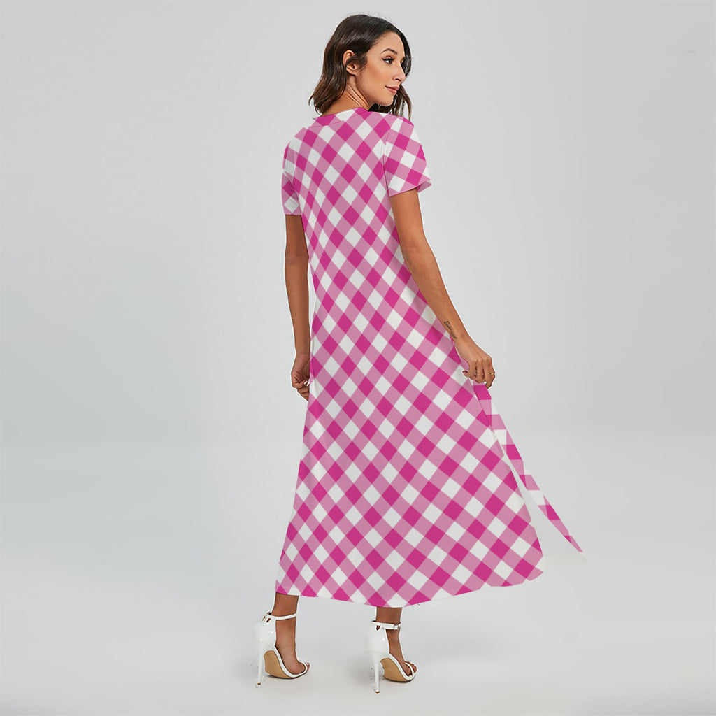 Magenta Pink And White Gingham Print Short Sleeve Maxi Dress