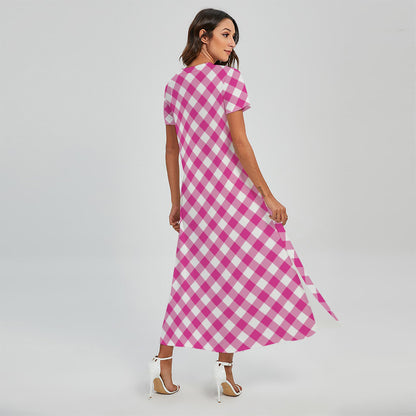 Magenta Pink And White Gingham Print Short Sleeve Maxi Dress
