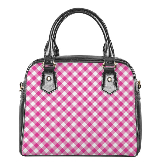 Magenta Pink And White Gingham Print Shoulder Handbag
