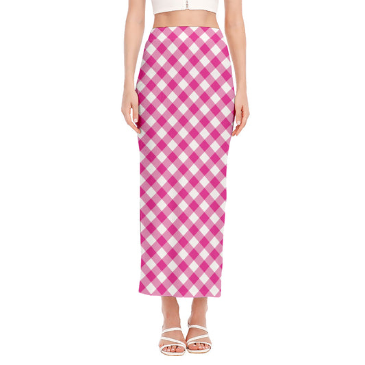 Magenta Pink And White Gingham Print Side Slit Maxi Skirt