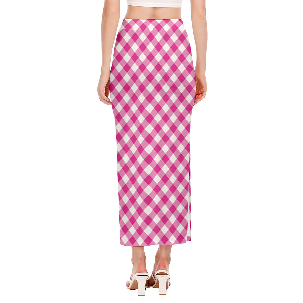 Magenta Pink And White Gingham Print Side Slit Maxi Skirt