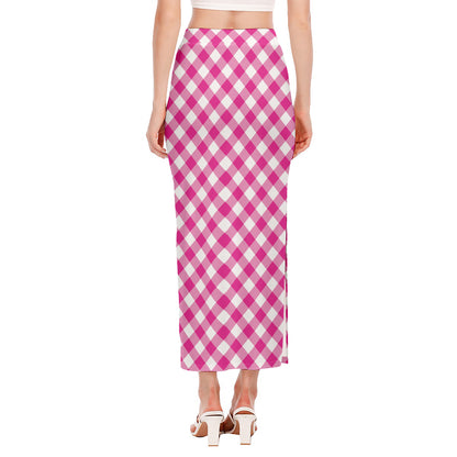 Magenta Pink And White Gingham Print Side Slit Maxi Skirt