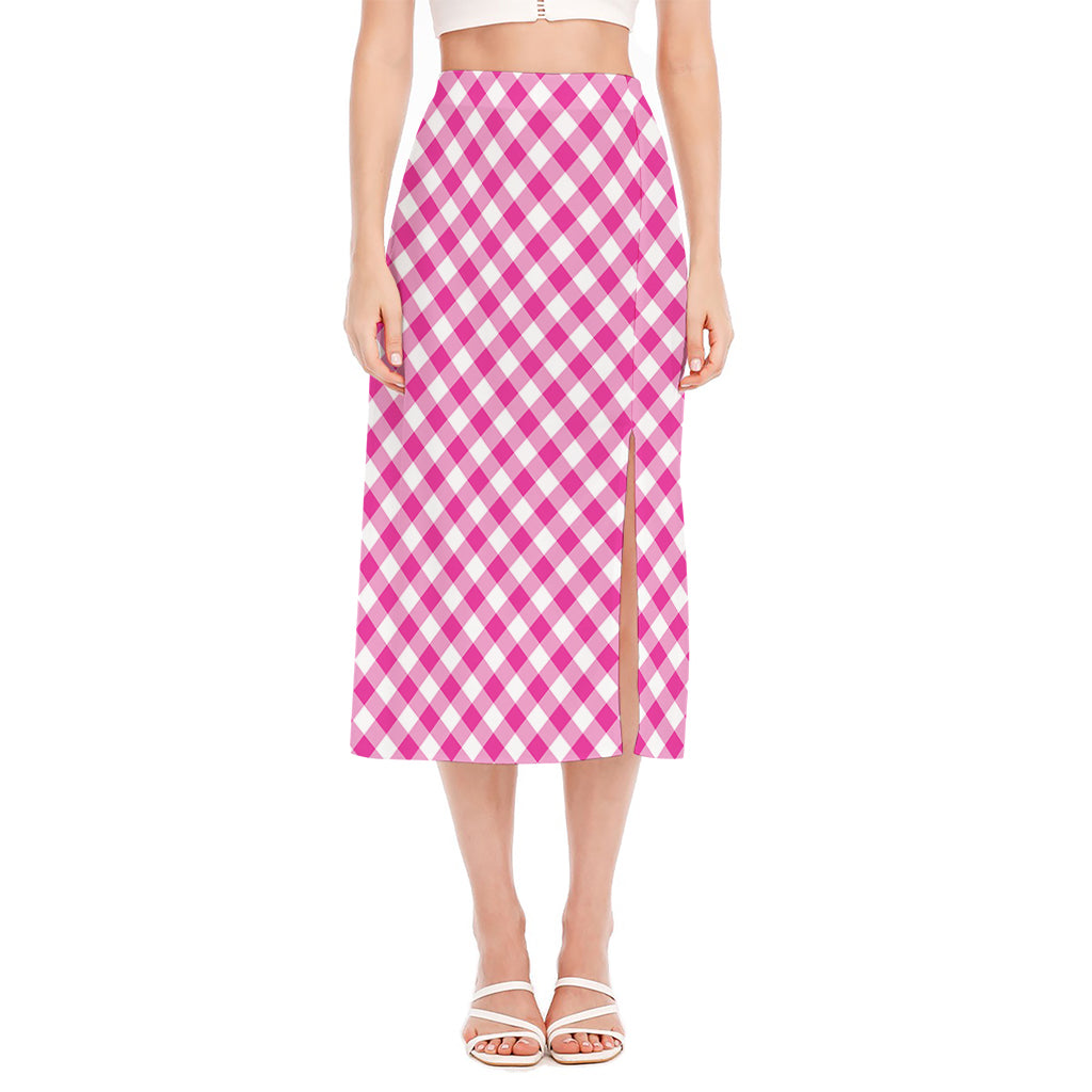 Magenta Pink And White Gingham Print Side Slit Midi Skirt
