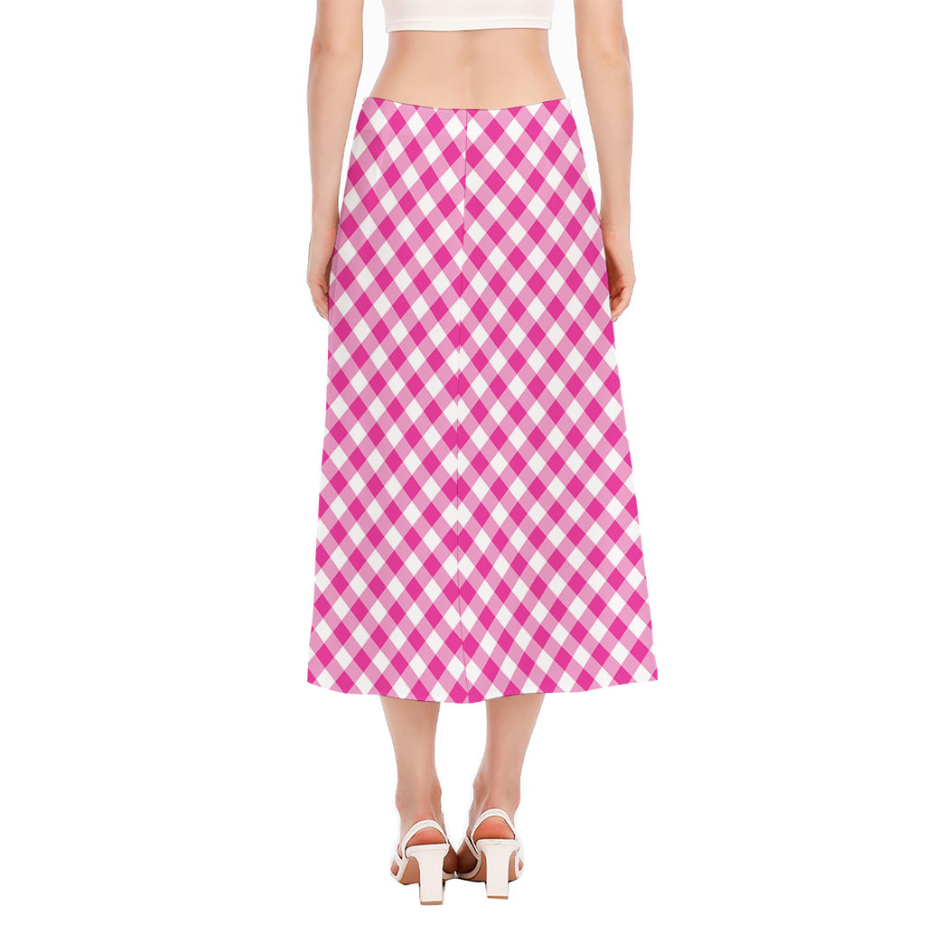 Magenta Pink And White Gingham Print Side Slit Midi Skirt