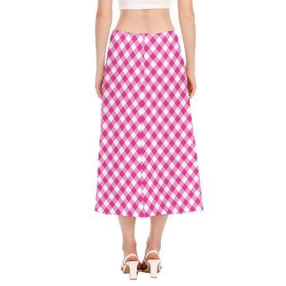 Magenta Pink And White Gingham Print Side Slit Midi Skirt