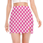 Magenta Pink And White Gingham Print Side Slit Mini Skirt