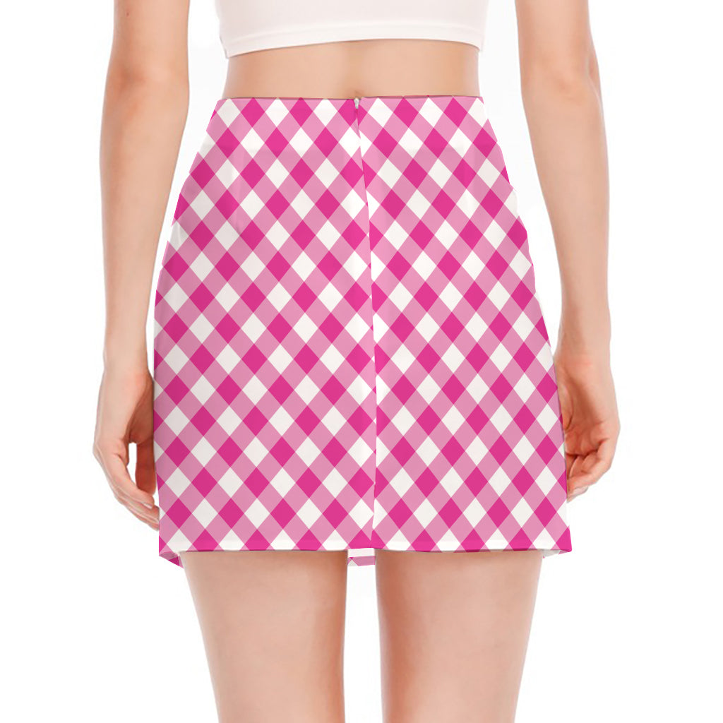 Magenta Pink And White Gingham Print Side Slit Mini Skirt