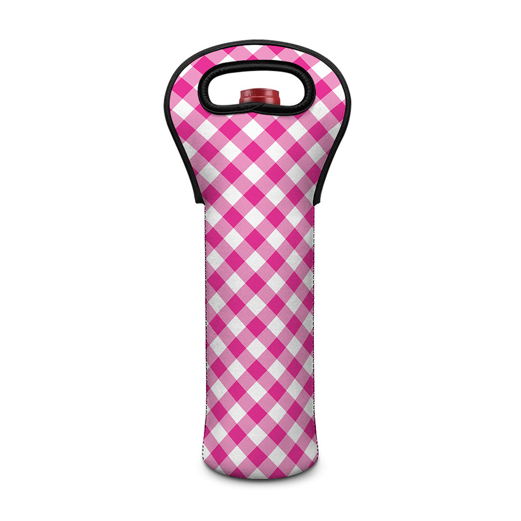 Magenta Pink And White Gingham Print Single Neoprene Wine Tote