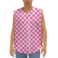 Magenta Pink And White Gingham Print Sleeveless Baseball Jersey