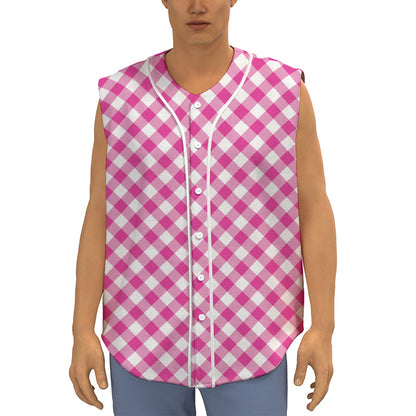 Magenta Pink And White Gingham Print Sleeveless Baseball Jersey