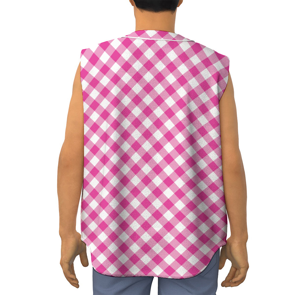 Magenta Pink And White Gingham Print Sleeveless Baseball Jersey