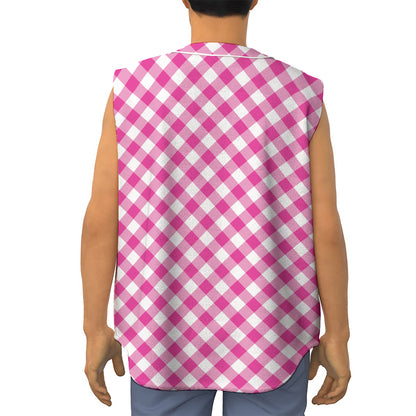 Magenta Pink And White Gingham Print Sleeveless Baseball Jersey