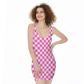 Magenta Pink And White Gingham Print Sleeveless Bodycon Dress