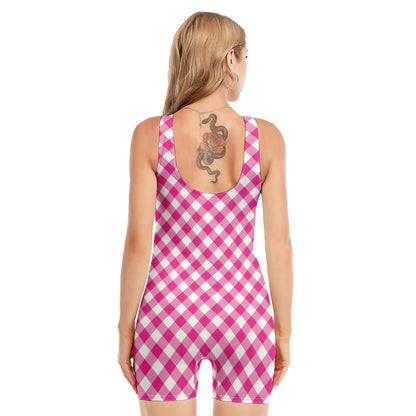 Magenta Pink And White Gingham Print Sleeveless One Piece Swimsuit
