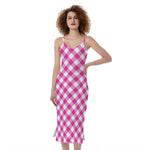 Magenta Pink And White Gingham Print Slim Fit Midi Cami Dress