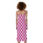 Magenta Pink And White Gingham Print Slim Fit Midi Cami Dress