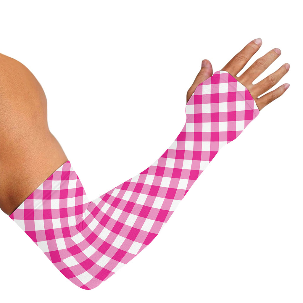 Magenta Pink And White Gingham Print Sun Protection Arm Sleeves