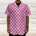 Magenta Pink And White Gingham Print Textured Short Sleeve Shirt