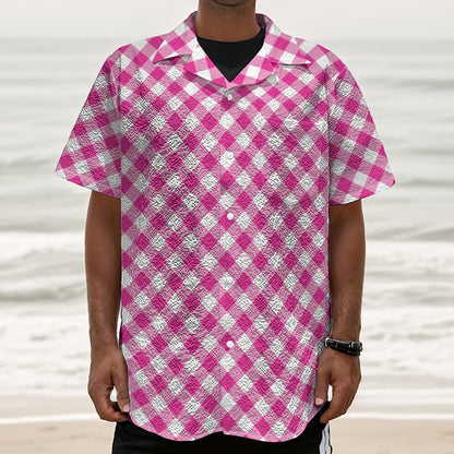 Magenta Pink And White Gingham Print Textured Short Sleeve Shirt