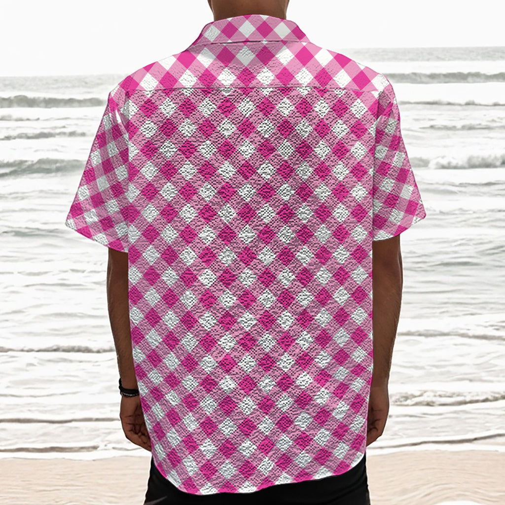 Magenta Pink And White Gingham Print Textured Short Sleeve Shirt