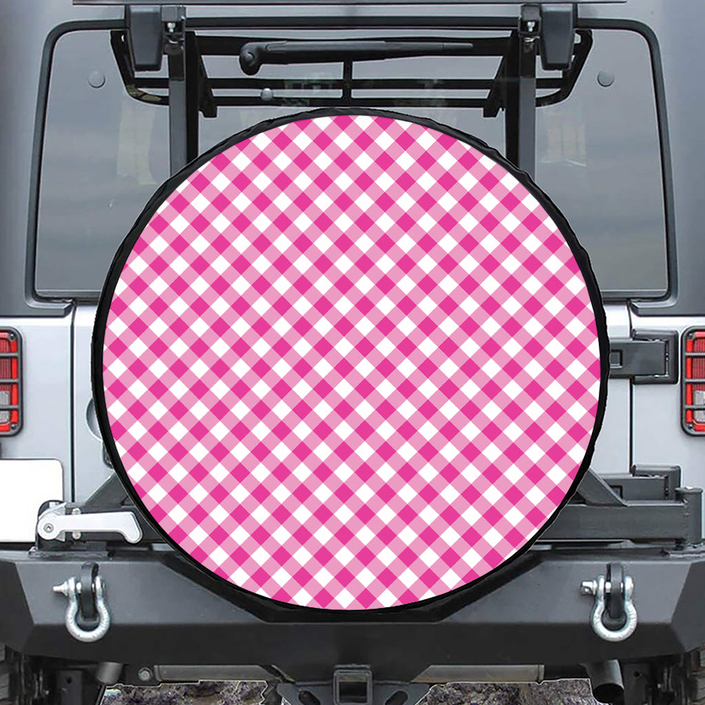 Magenta Pink And White Gingham Print Tire Cover