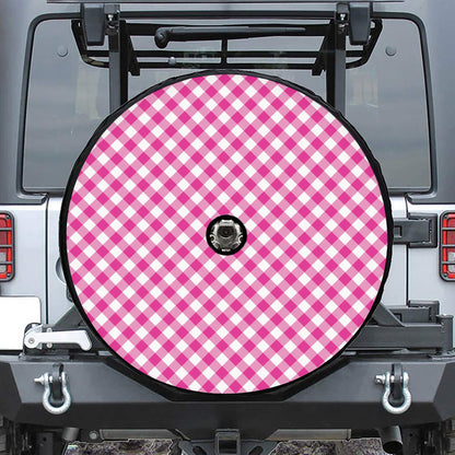 Magenta Pink And White Gingham Print Tire Cover With Camera Hole