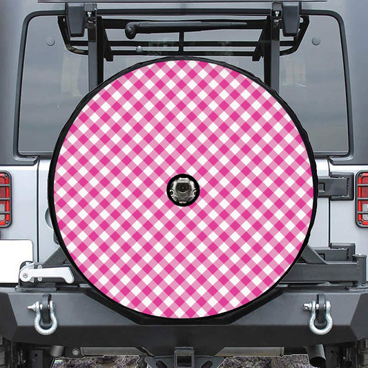 Magenta Pink And White Gingham Print Tire Cover With Camera Hole