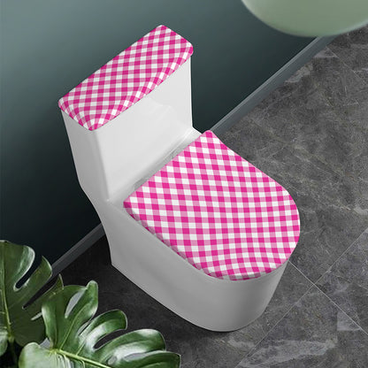 Magenta Pink And White Gingham Print Toilet Lid And Tank Cover Set