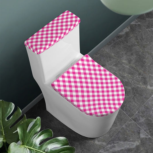 Magenta Pink And White Gingham Print Toilet Lid And Tank Cover Set