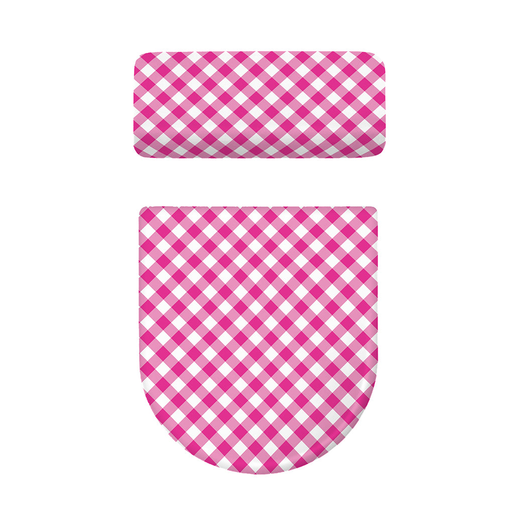 Magenta Pink And White Gingham Print Toilet Lid And Tank Cover Set