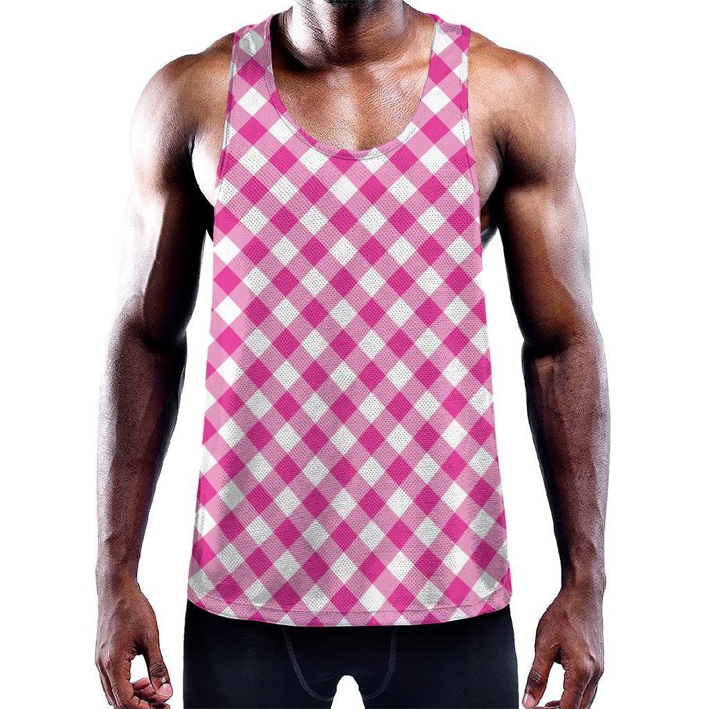 Magenta Pink And White Gingham Print Training Tank Top