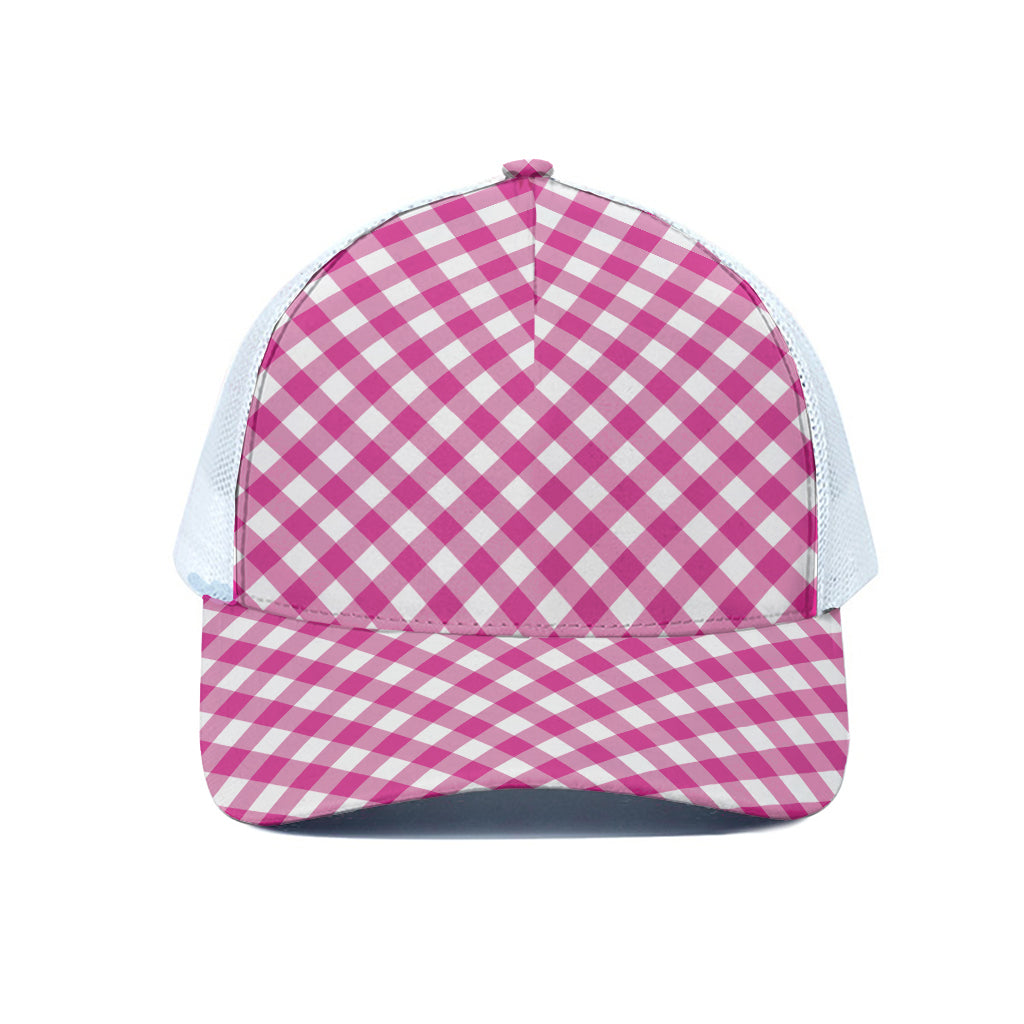 Magenta Pink And White Gingham Print White Mesh Trucker Cap
