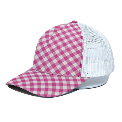 Magenta Pink And White Gingham Print White Mesh Trucker Cap