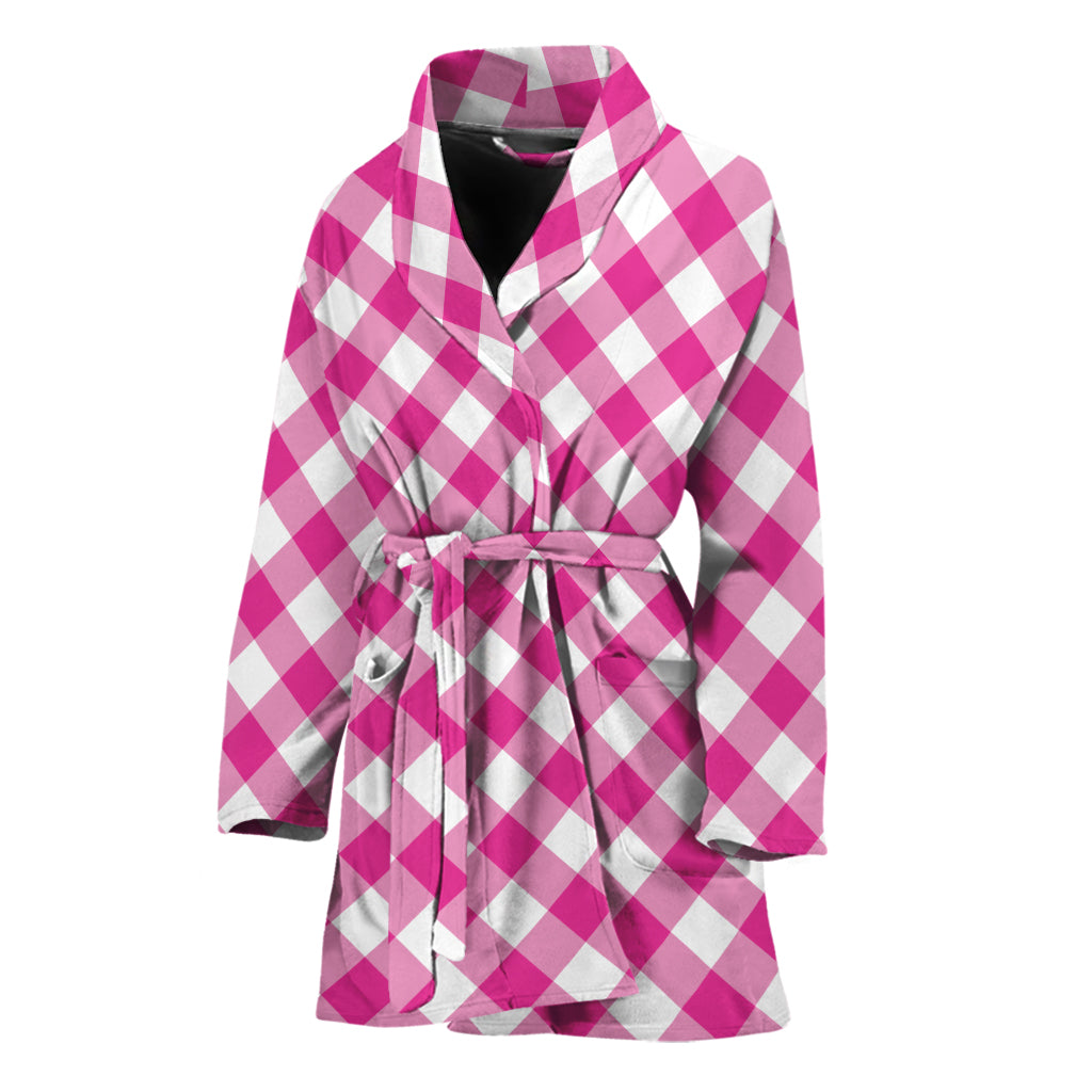 Magenta Pink And White Gingham Print Women's Bathrobe